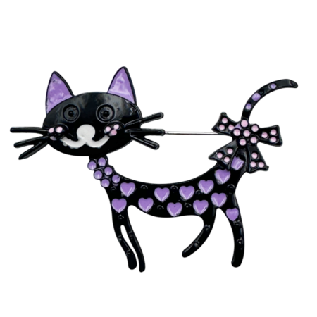 Brose & Pandantive - Brosa Pisica SHEEBA cu Inimioare, Negru/ Mov, 6 cm