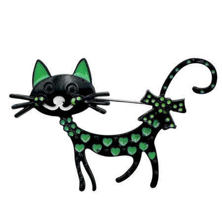 Brose & Pandantive - Brosa Pisica SHEEBA cu Inimioare, Negru/ Verde, 6 cm