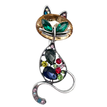 Brose & Pandantive - Brosa Pisica eleganta SHADOW cu pietre multicolore, 6.5 cm