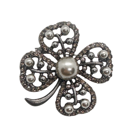 Brose & Lantisoare - Brosa Argintie Trifoi IMPERIAL cu perle si cristale