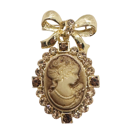 Brose & Lantisoare - Broșă Camee Vintage cu Fundiță Aurie și Cristale