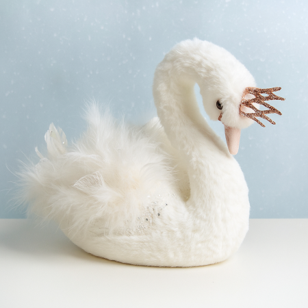 Colectia Alb & Argintiu - Lebădă decorativă albă cu pene și coroniță – decor elegant de iarnă