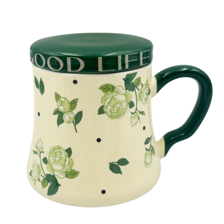 Servire Ceai & Cafea - Cană Ceramică GOOD LIFE cu Capac – Crem cu Model Floral