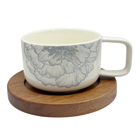 Cesti & Seturi de Cesti - Cana ceramica 250 ml RUTH - alba cu flori - cu suport din lemn