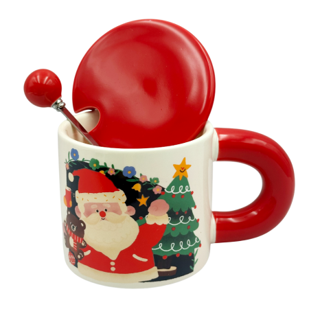 Cană Crăciun cu Capac rosu și Linguriță – Moș Crăciun langa Brad [1]