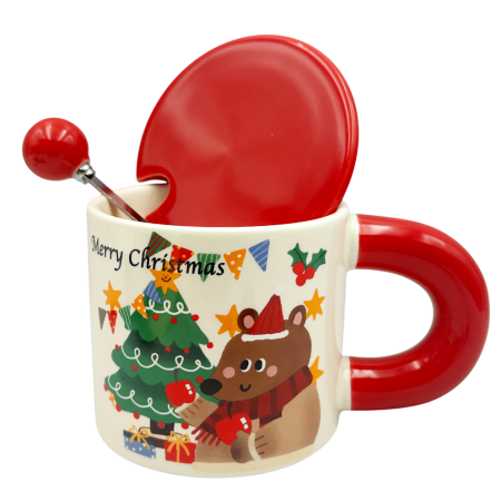 Cană Crăciun cu Capac rosu și Linguriță – Ursulet langa Brad, 320 ml [1]