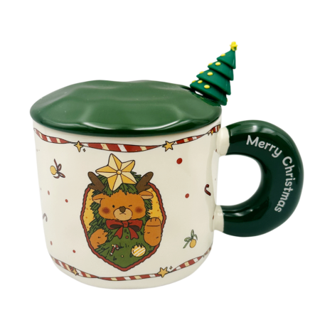 CANI & CESTI CRACIUN - Cană Crăciun cu Capac Verde SEASON – Model Ursulet