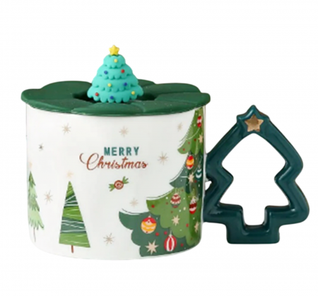 CANI & CESTI CRACIUN - Cana alba Craciun cu brazi si maner bradut JOY