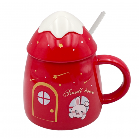 CANI & CESTI CRACIUN - Cana cu capac SMALL HOUSE, Rosu, 300ml