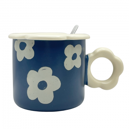 Cani Ceramica - Cana cu capac BLOOM, Albastru, 250ml