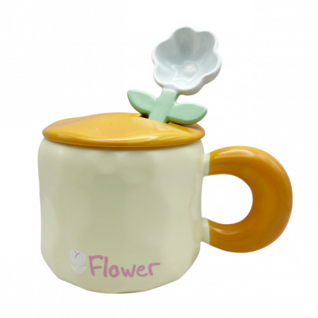 Cană ceramică „Youth” cu capac și linguriță floare – design pastel [2]