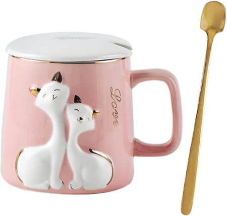 Cani Ceramica - Cana cu PISICA LOVE, Roz, 400ml, Cu capac