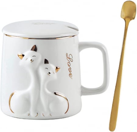 Servire Ceai & Cafea - Cana cu PISICA LOVE, Alb, 400ml, Cu capac
