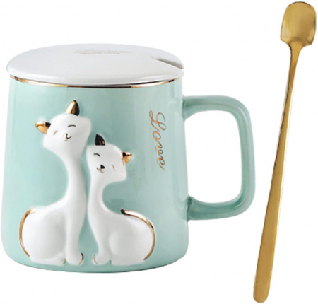 Cani Ceramica - Cana cu PISICA LOVE, Verde, 400ml, Cu capac