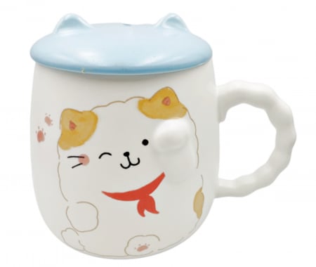 Cani Ceramica - Cana cu capac, PISICA MILTON, Albastru, 350ml