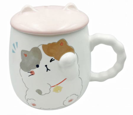 Cani Ceramica - Cana cu capac, PISICA MILTON cu medalion, Roz, 350ml