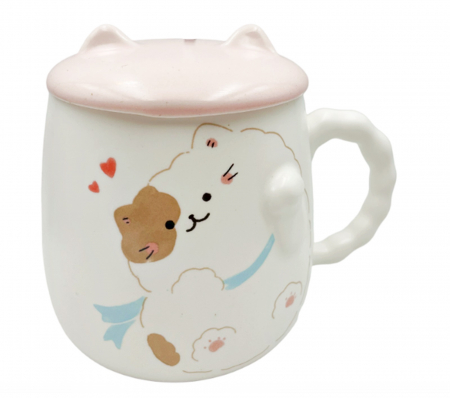 Cani Ceramica - Cana cu capac, PISICA MILTON cu esarfa, Roz, 350ml