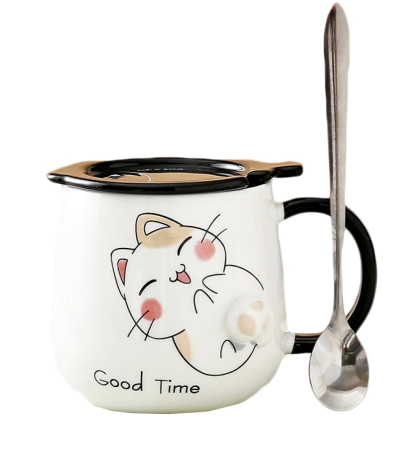 Cani Ceramica - Cana cu capac, PISICA SHAUN, Maro, 420ml