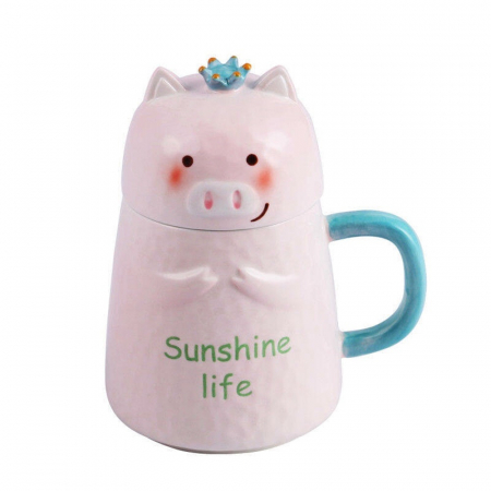 Cana cu capac Sunshine Piggy 450ml, Roz, Ceramica [0]
