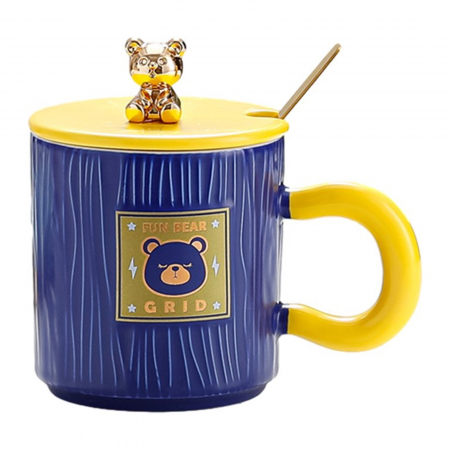 Cani Ceramica - Cana cu capac URSULET BARNY, Albastru, 320ml