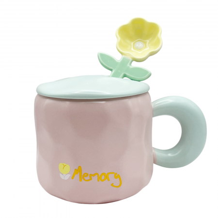 Primavara & Paste - Cana ceramica LUCKY, Cu lingurita floare si capac, 425 ml