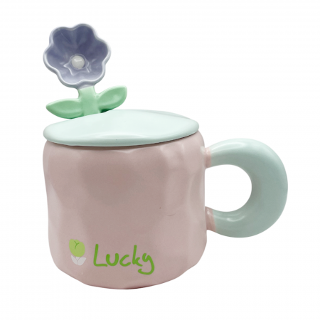 Primavara & Paste - Cana ceramica LUCKY, Cu lingurita floare si capac, 425 ml