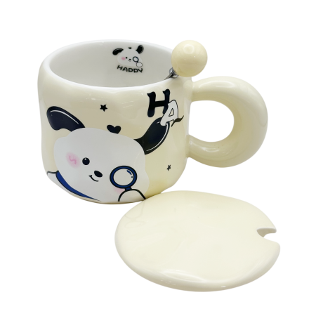 Cana cu catel FUNNY PUPPY - Crem - Cu capac din ceramica [1]