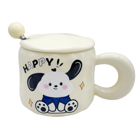 Cana cu catel HAPPY PUPPY - Crem - Cu capac din ceramica [0]