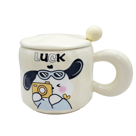 Cani Ceramica - Cana cu catel LUCKY PUPPY - Crem - Cu capac din ceramica