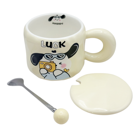 Cana cu catel LUCKY PUPPY - Crem - Cu capac din ceramica [1]