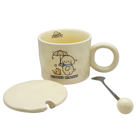 Cana cu catel CUTE PUPPY - Crem - Cu capac din ceramica [1]