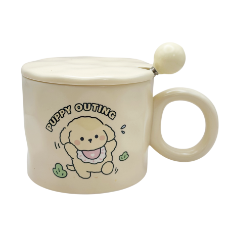Servire Ceai & Cafea - Cana cu catel JOYFUL PUPPY - Crem - Cu capac din ceramica