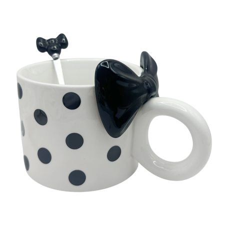 Servire Ceai & Cafea - Cana cu fundita si lingurita COQUETTE - alba cu buline negre