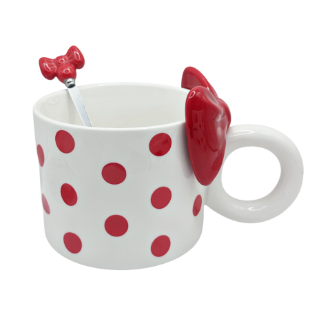 Servire Ceai & Cafea - Cana cu fundita si lingurita COQUETTE - alba cu buline rosii