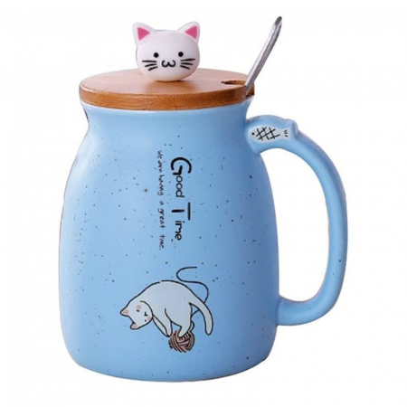 Cani Ceramica - Cana cu capac 3D, PISICA FELIX, Albastru, 380ml