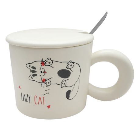 Cani Ceramica - Cana cu Pisica LAZY CAT - Set cu capac si lingurita