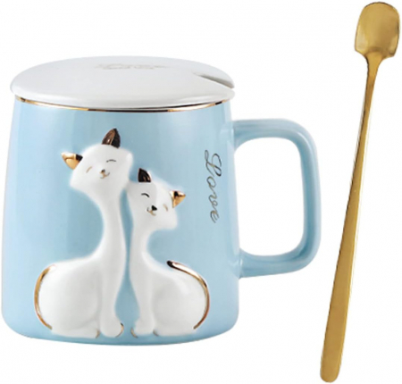 Cani Ceramica - Cana cu PISICA LOVE, Bleu, 400ml, Cu capac