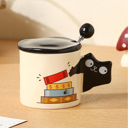 Servire Ceai & Cafea - Cana cu Pisica Neagra YOGI, Set cu capac si lingurita