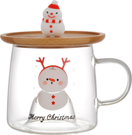 Cana din Sticla cu Capac din Bambus și Om de Zpada 3D FROSTY [2]