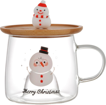 Cana din Sticla cu Capac din Bambus și Om de Zpada 3D FROSTY [3]