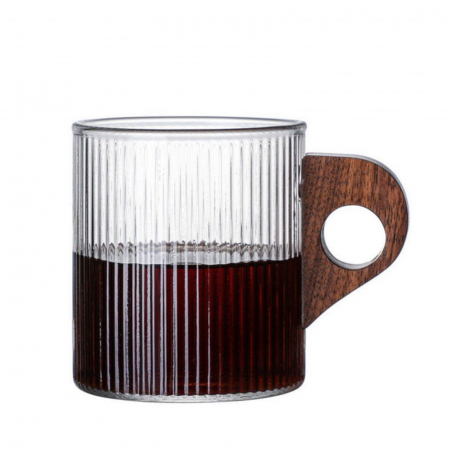 Servire Ceai & Cafea - Cana de sticla borosilicata JESSIE, Maner lemn, 260ml