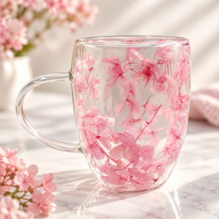 Cana din sticla termorezistenta SAKURA - Cu perete dublu si flori uscate [1]
