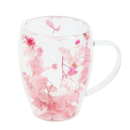 Servire Ceai & Cafea - Cana din sticla termorezistenta SAKURA - Cu perete dublu si flori uscate