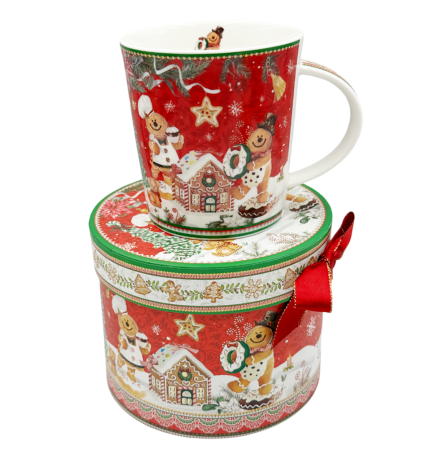 SERVIRE & DECORARE MASA CRACIUN - Cana portelan GINGERBREAD, Cu casuta si Omuleti Turta dulce, In cutie cadou
