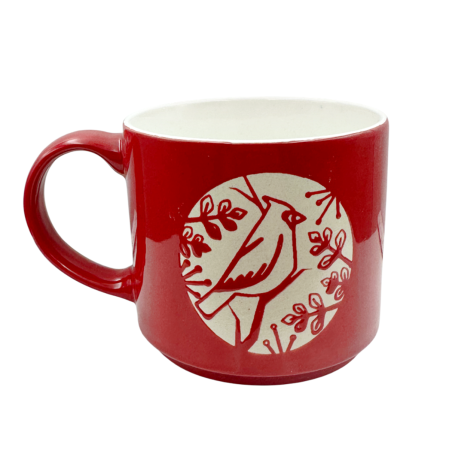 CANI & CESTI CRACIUN - Cană roșie cu pasăre și ramuri decorative CARDINAL