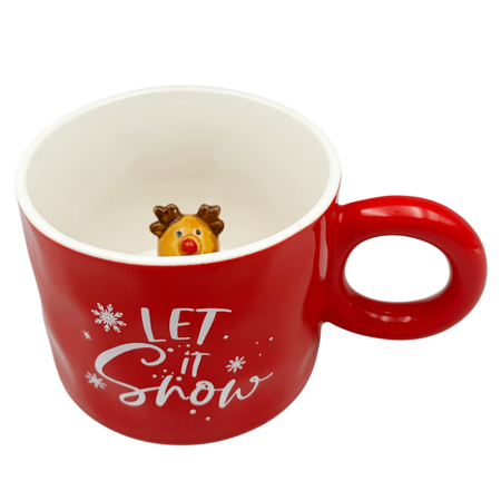 CANI & CESTI CRACIUN - Cana Rosie de Craciun LET IT SNOW cu Ren în Interior