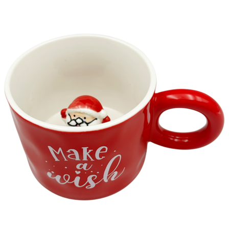 CANI & CESTI CRACIUN - Cană Rosie MAKE A WISH cu Mos Craciun în Interior