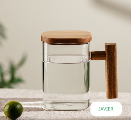 Servire Ceai & Cafea - Cana de sticla borosilicata JAVIER, 400ml, Cu capac si maner bambus