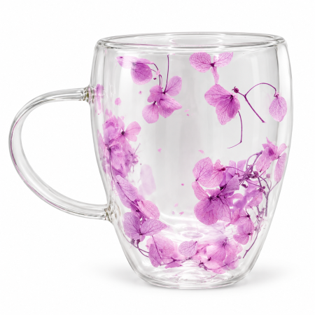 Servire Ceai & Cafea - Cana din sticla termorezistenta LILAC - Cu perete dublu si flori uscate