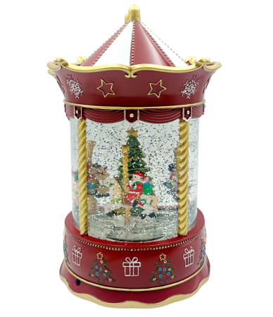 DECORATIUNI MUZICALE - Carusel cu LED, Muzică și Efect Sclipici – Cu Mos Craciun JOY, 25cm